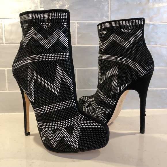 Aldo Shoes - Aldo Geometric Studded Rhinestone High Heel Platform Suede Stiletto Diva Booties
